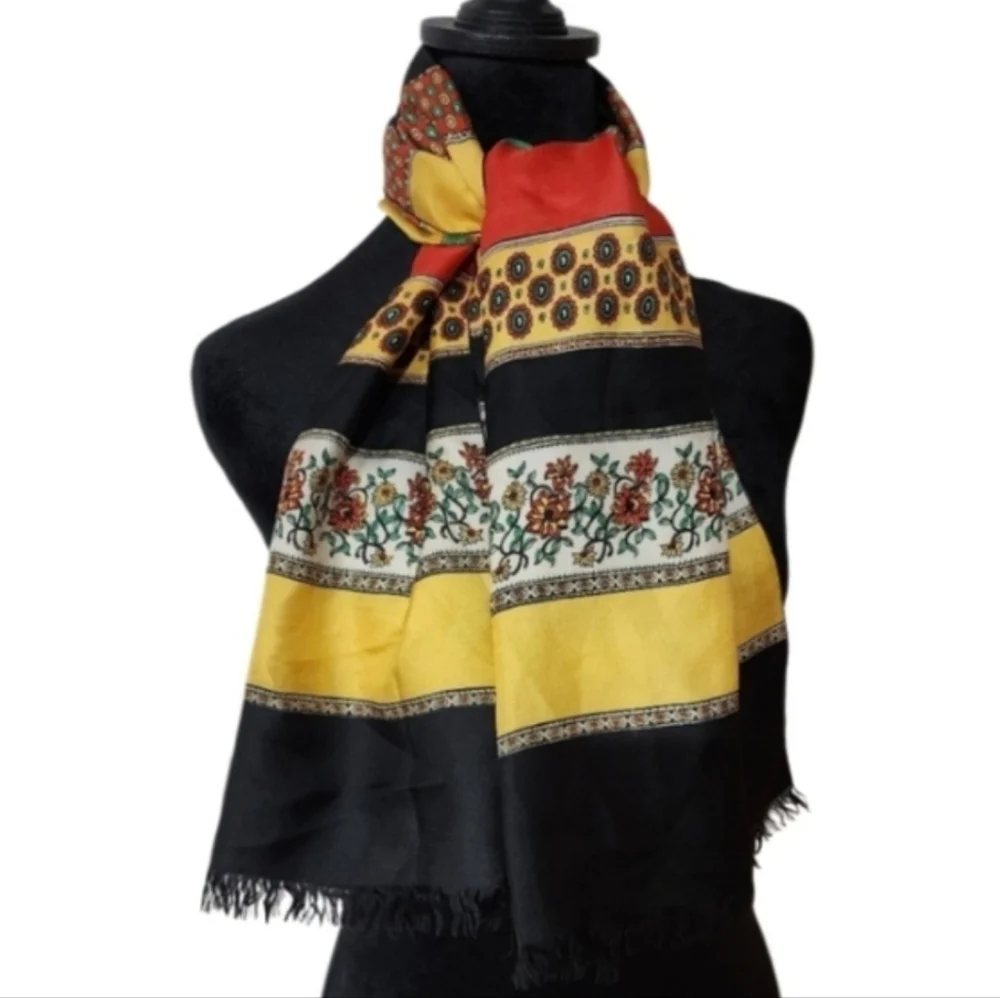 Vintage Silk Blend Long Scarf Colorful Boho Ethnic Print Black Yellow Red
